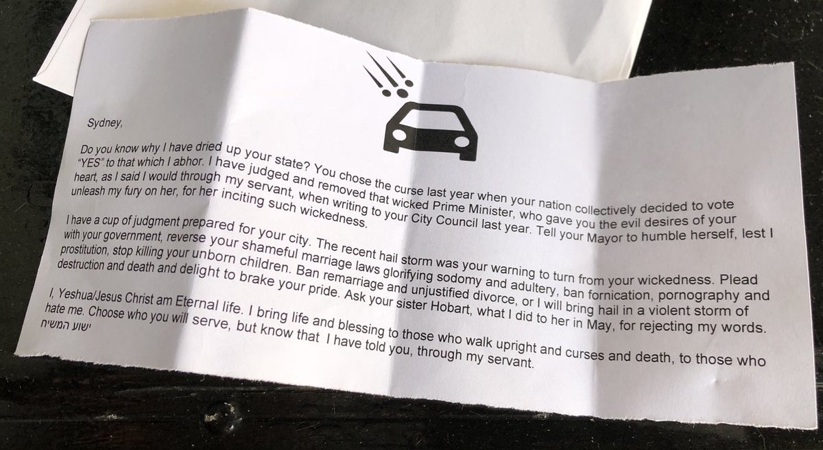 ‘Jesus’ blames drought on same-sex marriage in strange Sydney letter drop