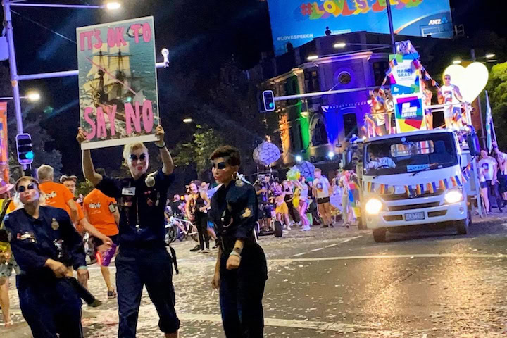 Parade protestors try to block Liberal Party float