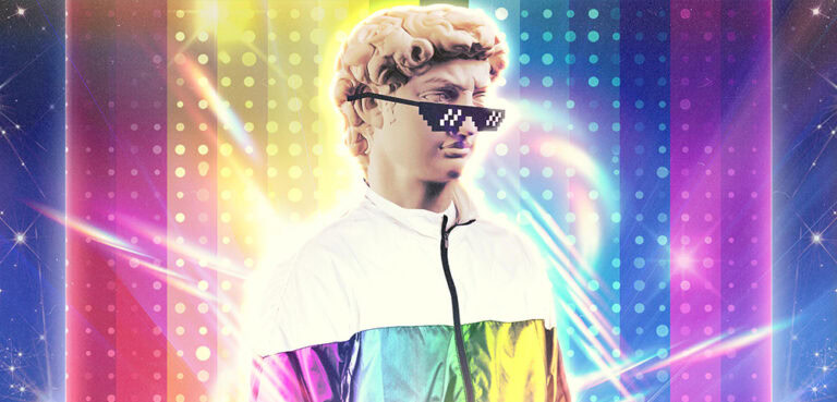 Michaelangelo's David statue, wearing a rainbow windcheater, on a colourful rainbow stripe background