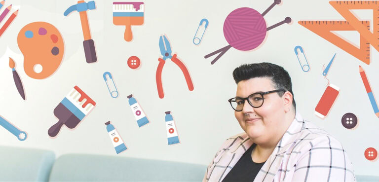 A combination photo and illustrated image featuring a smiling person with glasses on the far right of the image, surrounded by illustrated crafts and hobby tools including knitting, pliers, paint and a palette, hammer and safety pins.