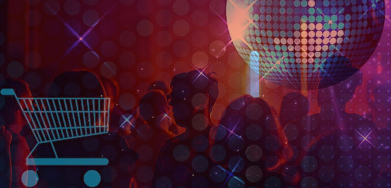 An image of a crowd lit in red with an overlay of a blue shopping trolley in the bottom left and a disco ball in the top right