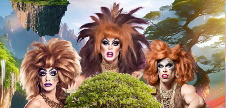 Three drag queens dressed in torn clothing in the style of cavemen with big messy hair on a background of plants and mountains. There is a small island floating in the top left and a large tree in the bottom front of the foreground.