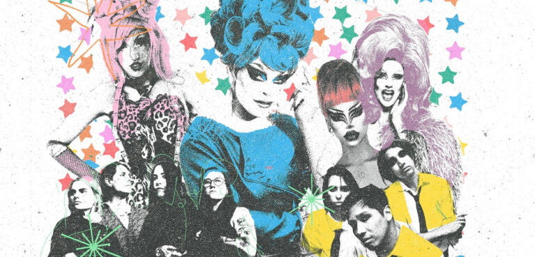 A collage in black and white with overlayed pastel colours of (top row L-R), Theresa Problem, a drag queen with a beehive and leopard-print dress both overlayed with pastel pink, Art Simone, a drag queen with a curly beehive and boat-neck dress both overlayed in blue, Xai, a drag queen with a beehive and long fringe in red with pointy black-and-white eyeliner, and Ruby Slippers, a drag queen with big pink hair and a pink feather boa holding her hand to her face and smiling. Bottom row (l-r) the four-piece band A Beautiful Moment, all looking in different directions, wearing black with green neon squiggles over the top, and A Swift Farewell, a three-piece band all looking at the camera wearing white shirts and black skinny ties, their shirts are overlayed with yellow. The background of the image is multicoloured cutout stars.