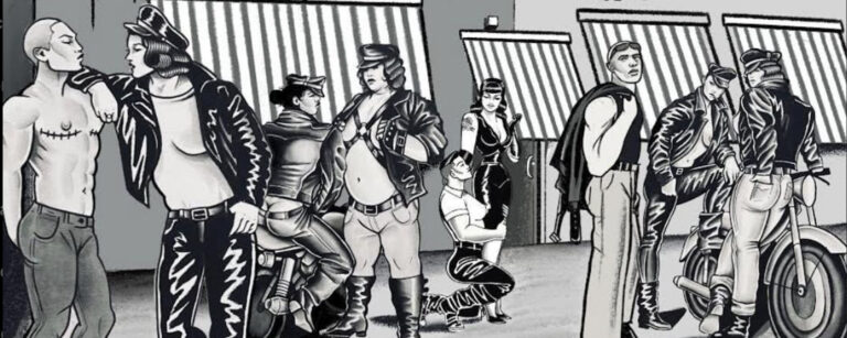 A black and white illustration in the style of Tom of Finland portraying a group of dykes standing in groups outside a building with multiple striped awnings. The dykes wear leathers, hats, hadnesses and denim, grouped in twos and threes, some sitting on motorbikes.