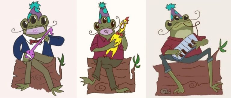 Three cartoons of three three-eyed frogs on logs wearing party hats and dressy outfits. From left to right they are playing an otomatone, a yellow rubber chicken and a keyboard (but played like a guitar pressed against the chest)