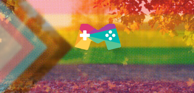 An image of a park overlaid with a pointalism-style progress pride flag. In the centre of the image is a stylized 'M' made to look like a video game console in a variety of bright colours.