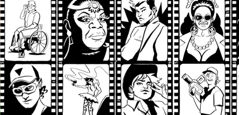 A cartoon graphic of film strips featuring a range of trans and gender-diverse artists and filmmakers in black-and-white