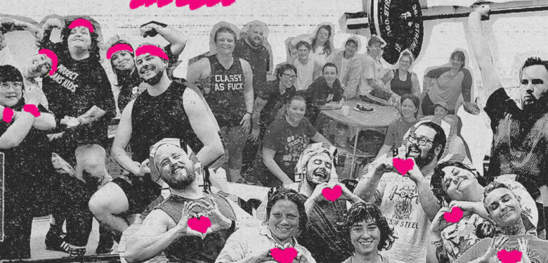 A black and white collage of people at the gym, a group on the top left are all wearing headbands that have been coloured in hot pink, a group on the bottom right are making love hearts with their hands that have been filled in hot pink.