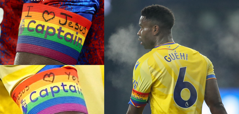 Marc Guehi, writing about Jesus on Rainbow Laces armband
